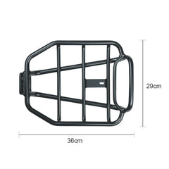 Black metal bike rack with dimensions on a white background