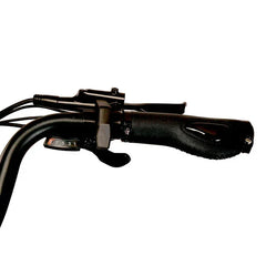 Close-up of a Cysum NOVA Step-Thru Electric Bike - UK handlebar with throttle and controls on a white background