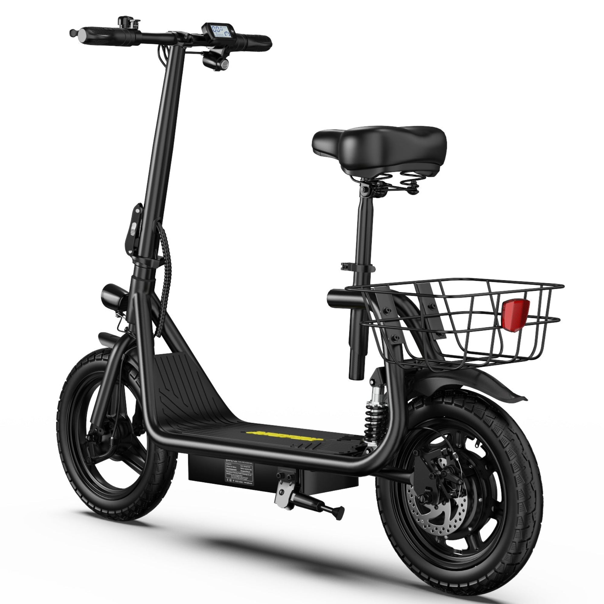 APEFOX C14 Electric Scooter in black with a front wire basket, black saddle, and kickstand, shown from a three-quarters angle on a white background.