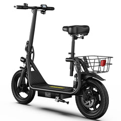 APEFOX C14 Electric Scooter in black with a front wire basket, black saddle, and kickstand, shown from a three-quarters angle on a white background.