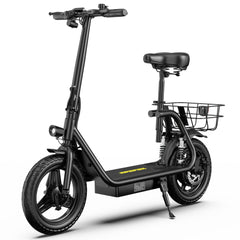 A APEFOX C14 Electric folding electric bicycle with a step-through frame, black saddle, front and rear baskets, and small yellow accents on the deck, shown on a clean white background.