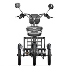 Front view of Cysum T1 Pro-wheeled adult tricycle with mirrors and a basket on a white background