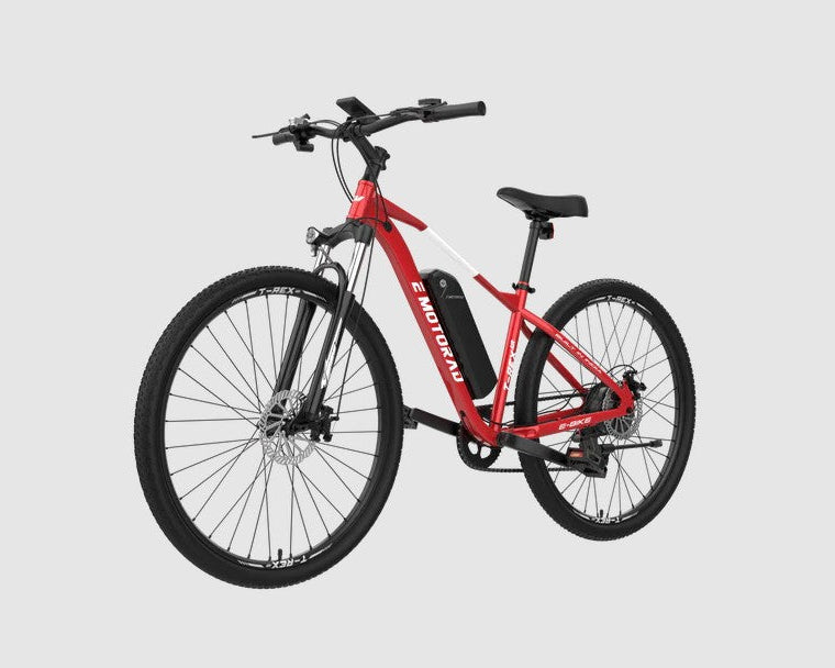 Red electric bicycle with 'EMotorad' branding on a light gray background