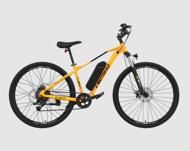Yellow EMotorad T-Rex Air EBike with black components on a light gray background