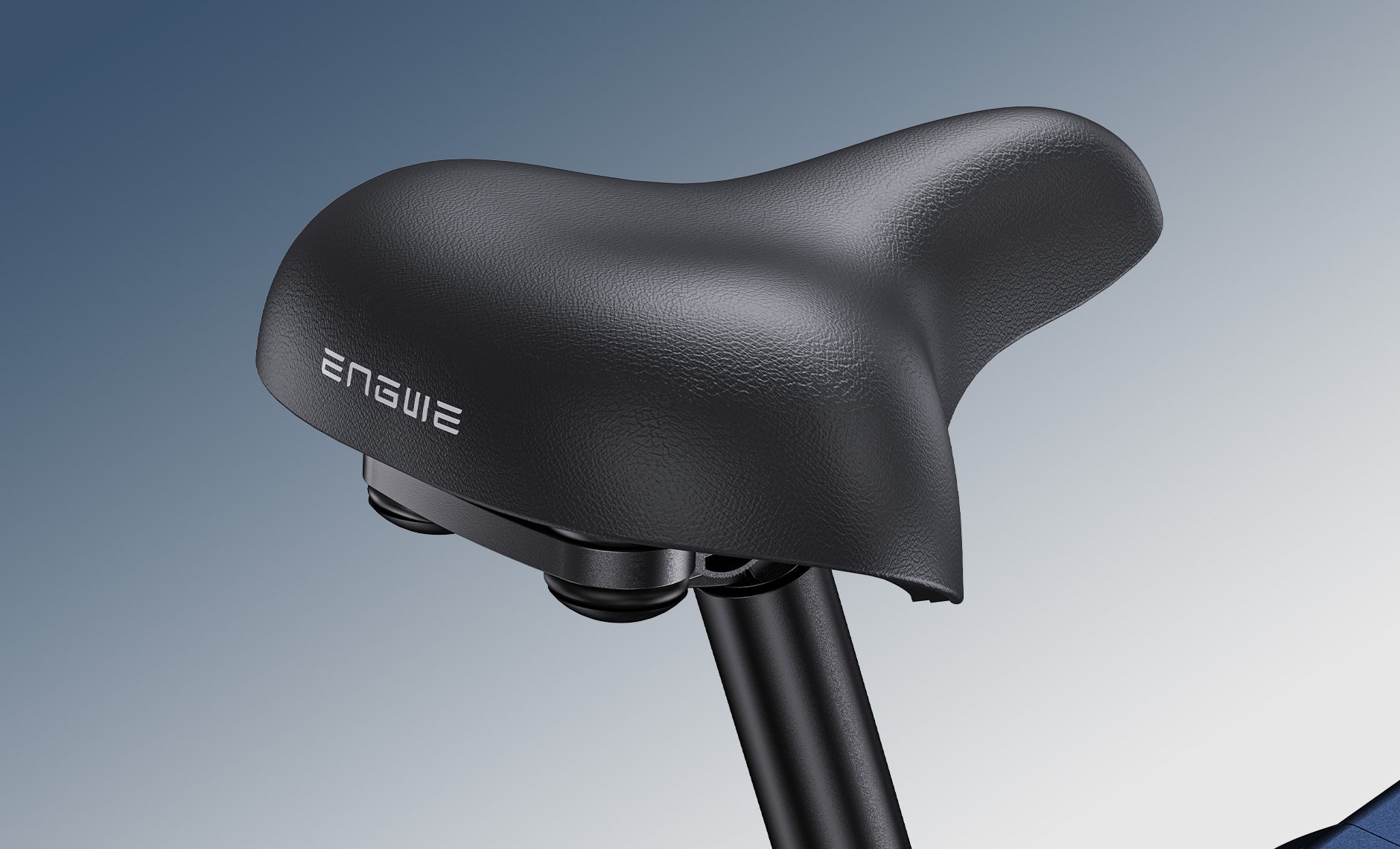 Black bicycle seat with Engwe Engine Pro 3.0 Boost Folding Electric Bike on a gradient blue background