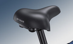 Black bicycle seat with Engwe Engine Pro 3.0 Boost Folding Electric Bike on a gradient blue background