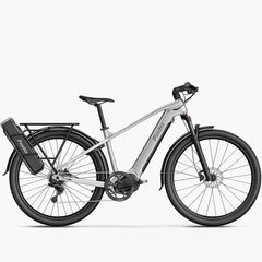 A silver and black Fiido Nomads Pro Touring Electric Bike electric bicycle with a rear cargo rack and a black battery pack mounted on the rear, shown against a plain light gray background.