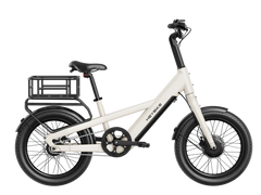 White Heybike EC Compact City Electric Bike with black wheels and a small basket on a white background