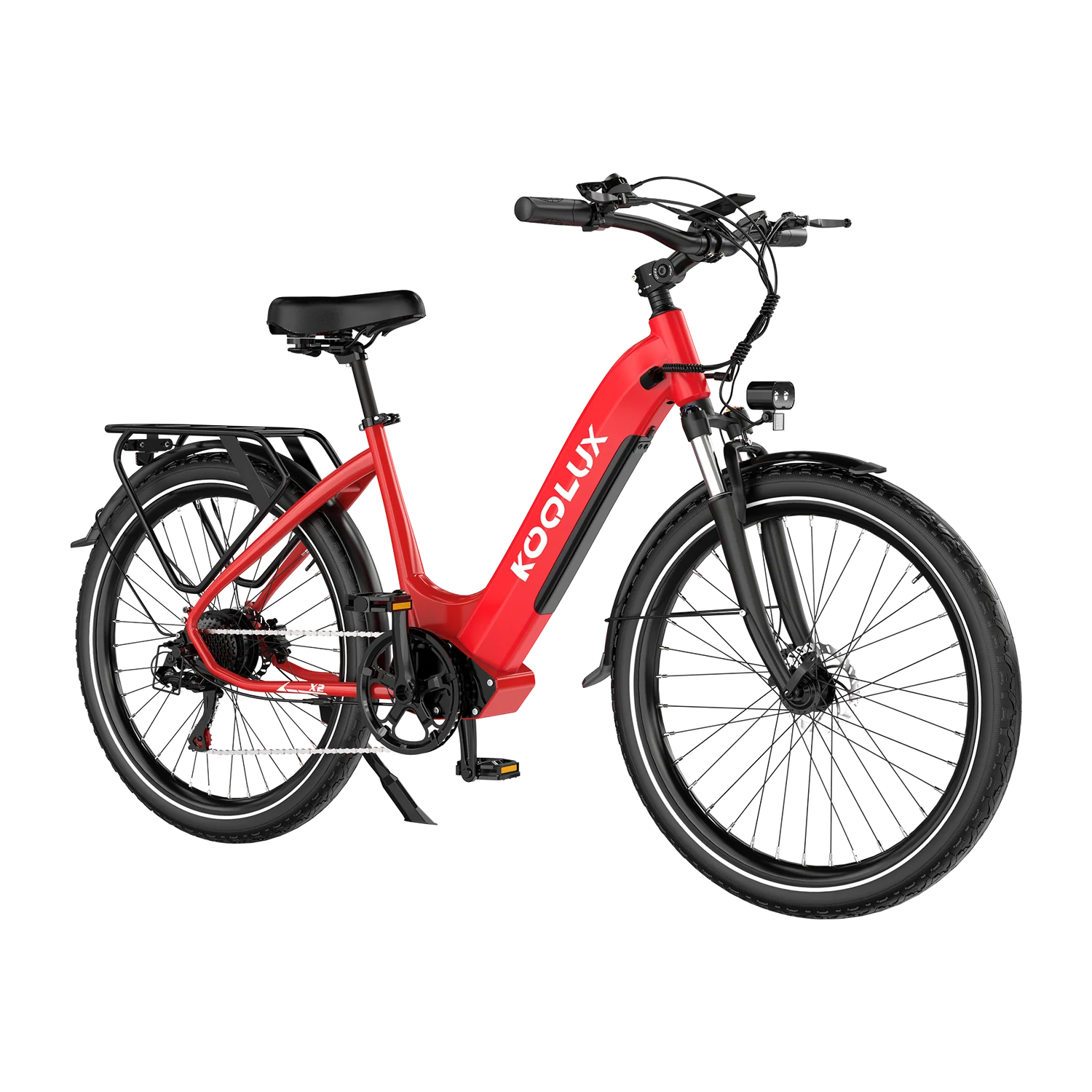 Red electric bike with 'Koolux' branding on a white background - Pogo Cycles