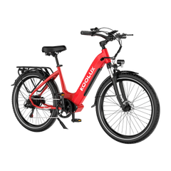 Red electric bike with 'Koolux' branding on a white background - Pogo Cycles