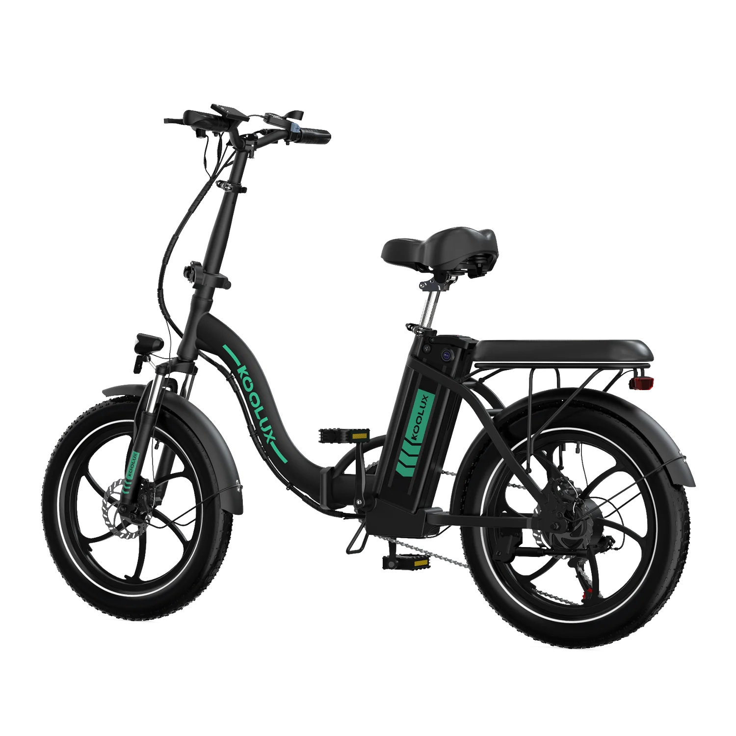 Side View of Black KOOLUX BK6S 3.0 Folding Electric Bike with green branding on a white background