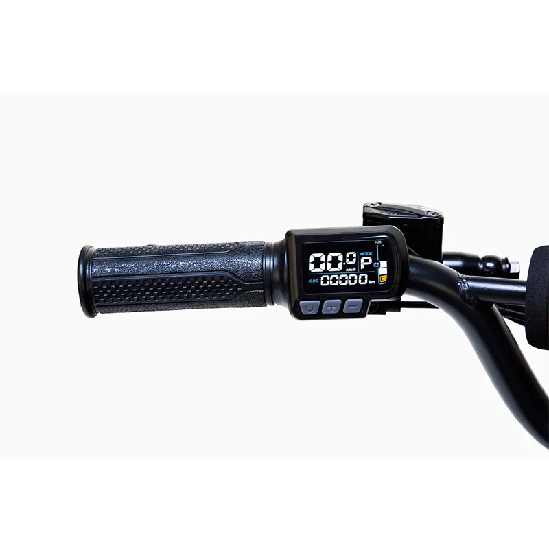 Close-up of a KuKirin X1 Electric Scooter Motorcycle handlebar with an digital speedometer on a white background