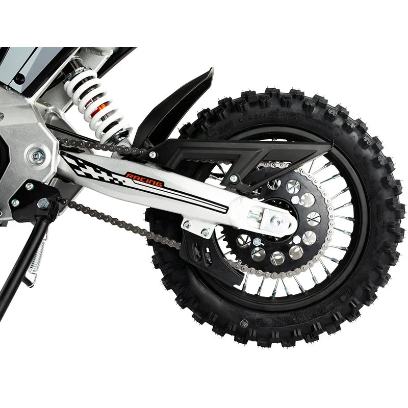 Close-up of a KuKirin X1 Electric Scooter Motorcycle wheel and suspension on a white background