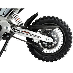 Close-up of a KuKirin X1 Electric Scooter Motorcycle wheel and suspension on a white background
