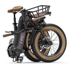 A folded LANKELEISI GOLF-X electric bicycle with a dark purple frame, brown saddle and handlebar grips, and tan sidewall tires, shown on a clean white background.
