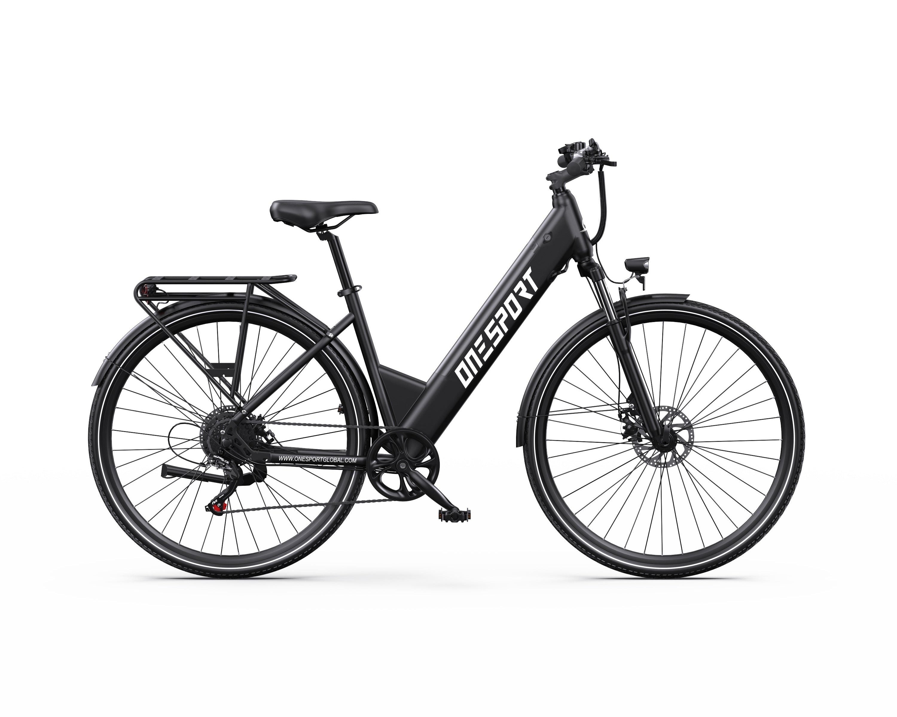 Black ONESPORT OT12 Urban Electric Bike with 'ONE SPORT' branding on a white background