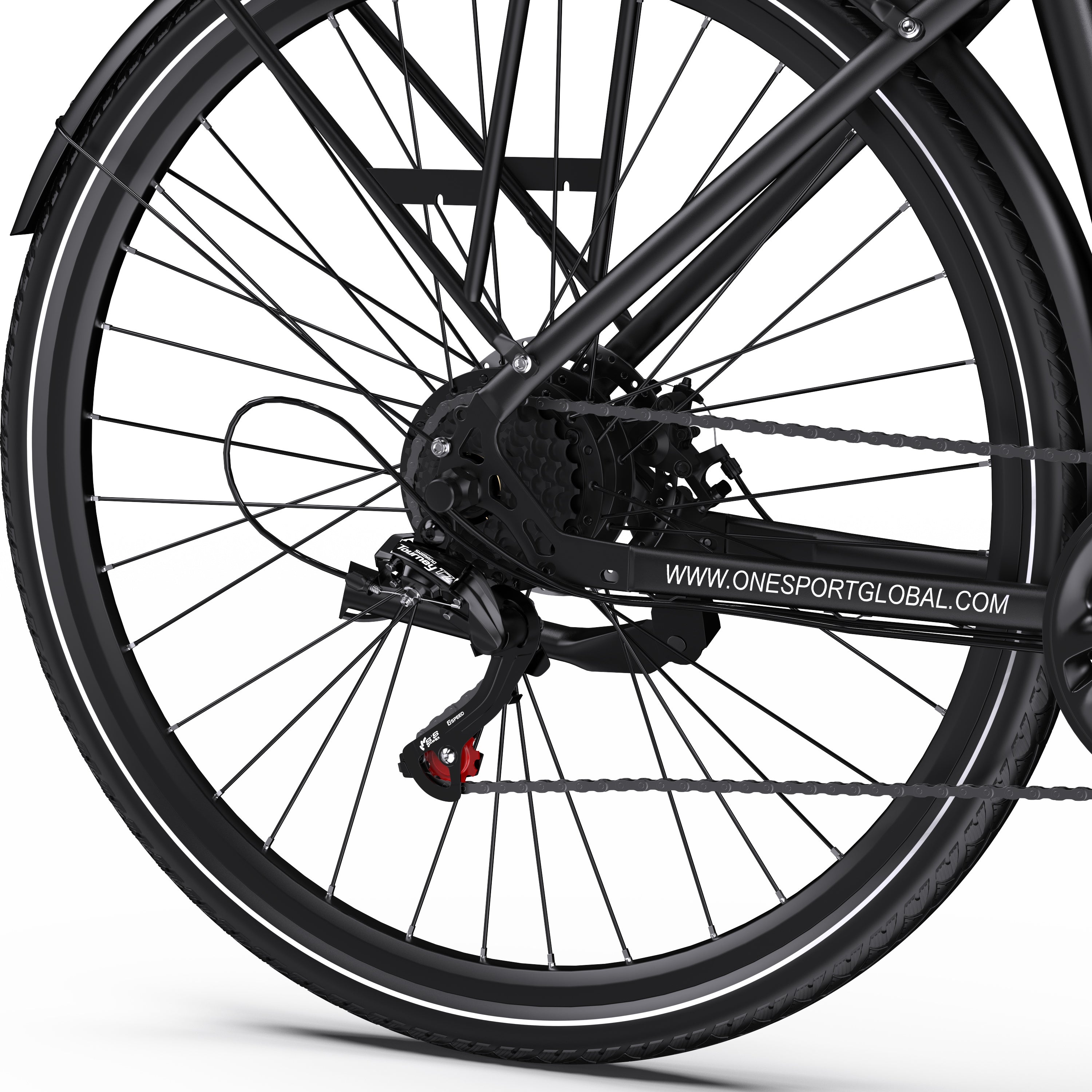 Close-up of a ONESPORT OT12 Urban Electric bicycle wheel with visible branding on a white background