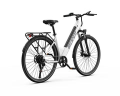 White ONESPORT OT12 Urban Electric Bike with black accents on a white background - Pogo Cycles, Ireland