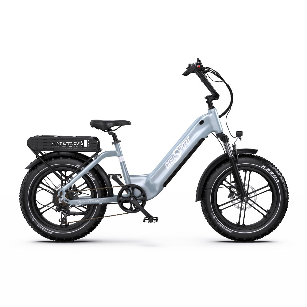 A silver Onesport OT08 Electric Bike with fat tires, a black battery pack mounted on the rear frame, and a black seat, shown in a side profile on a white background.