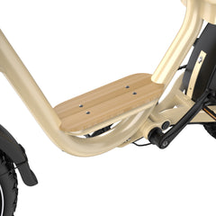 Close-up of a Onesport W77 Electric Bike with a wooden seat on a white background