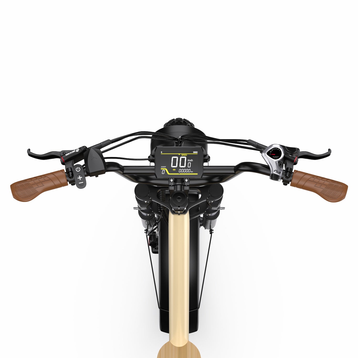 Close-up of a Onesport W77 Electric motorcycle handlebar with wooden grips and digital display on a white background