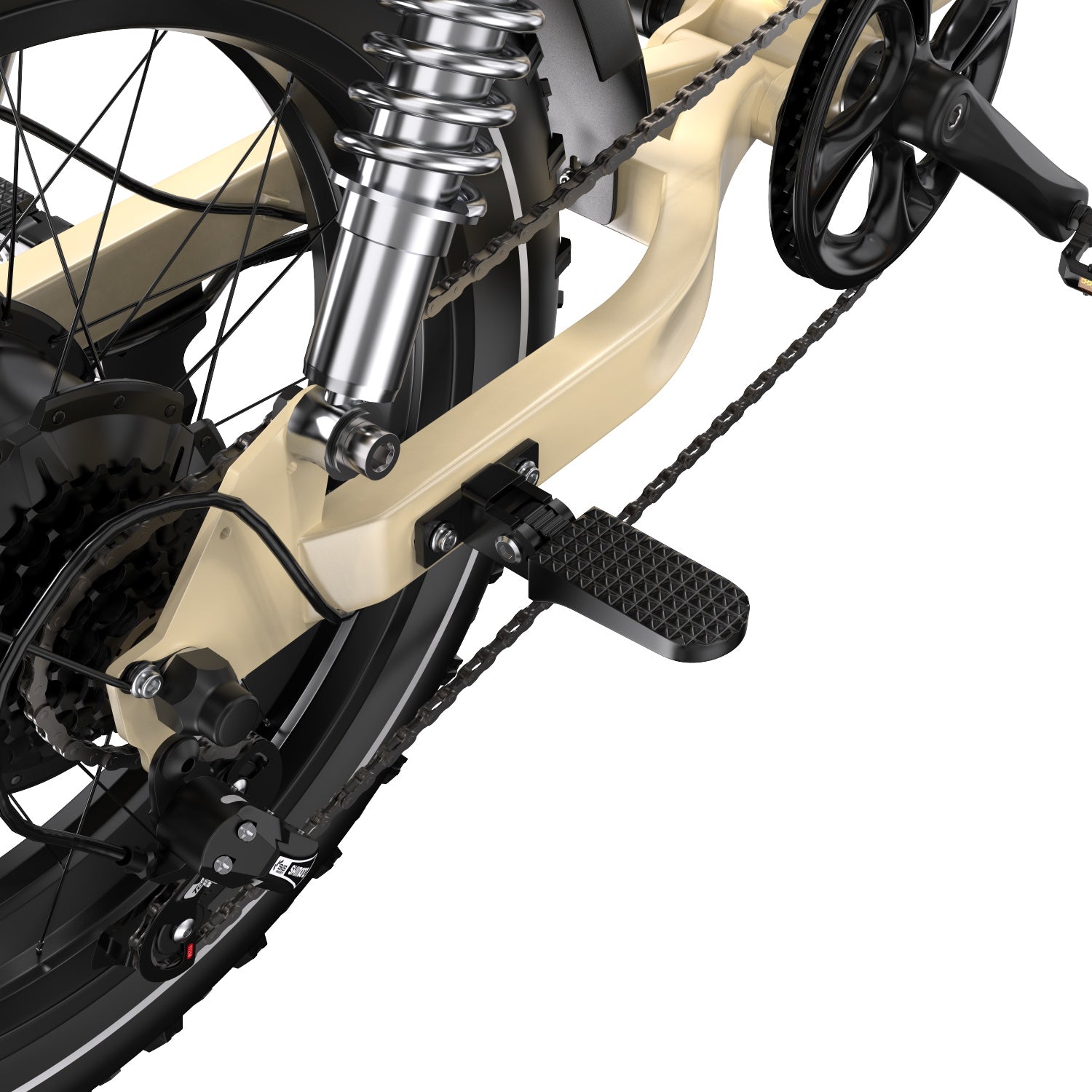 Close-up of a beige Onesport W77 Electric Bike with chain and foot pedal on a white background