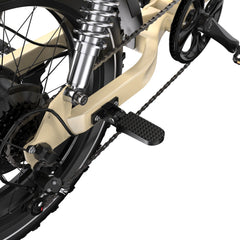 Close-up of a beige Onesport W77 Electric Bike with chain and foot pedal on a white background