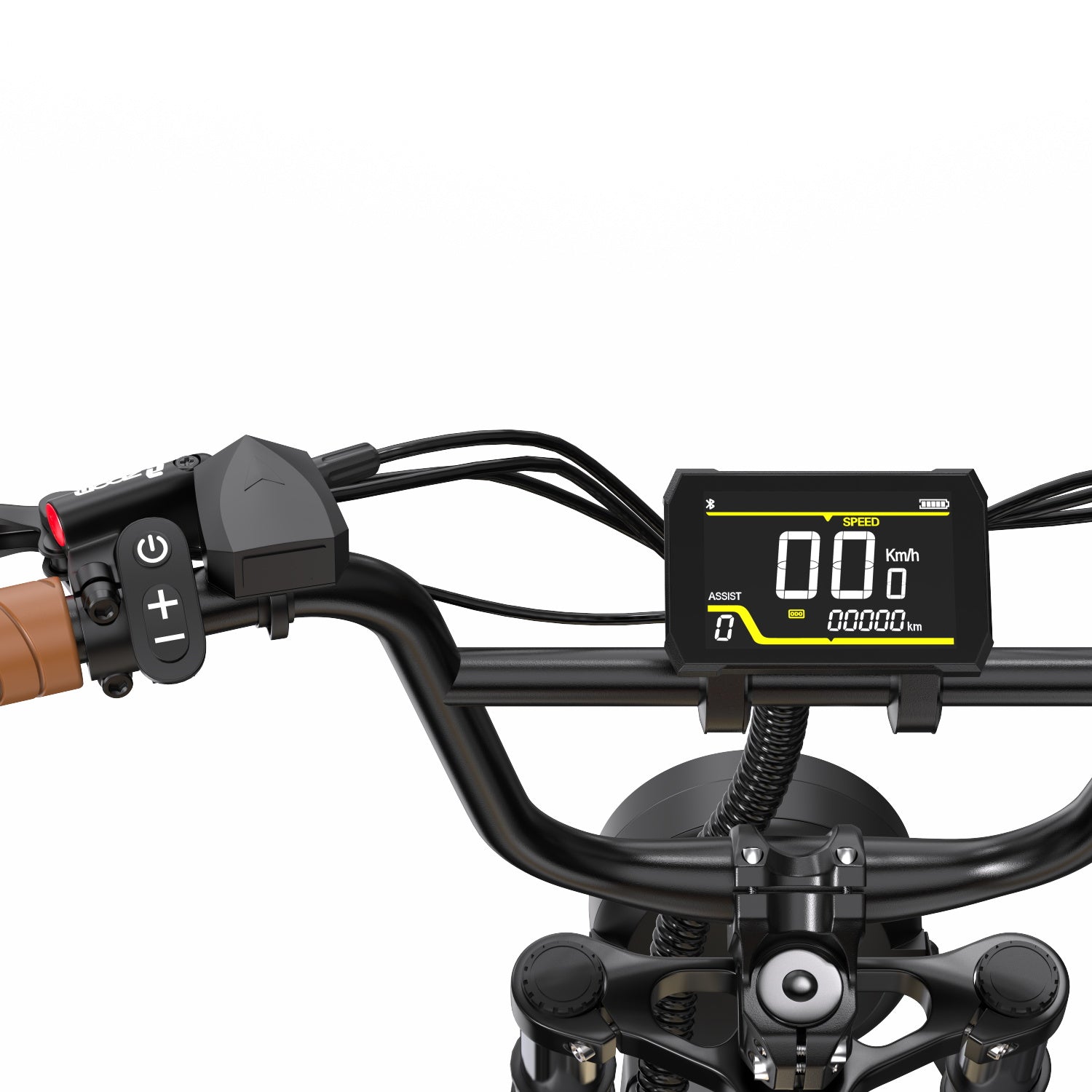 Close-up of a Onesport W77 Electric Bike handlebar with a digital speedometer and control buttons on a white background