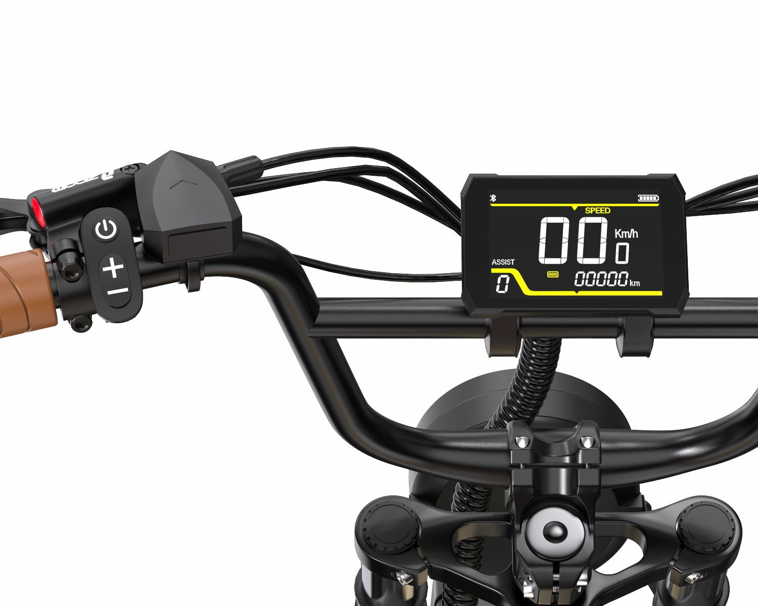 Close-up of a Onesport W77 Electric Bike handlebar with a digital speedometer and control buttons on a white background