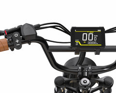 Close-up of a Onesport W77 Electric Bike handlebar with a digital speedometer and control buttons on a white background