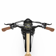 Close-up of a Onesport W77 Electric motorcycle handlebar with wooden grips and digital display on a white background