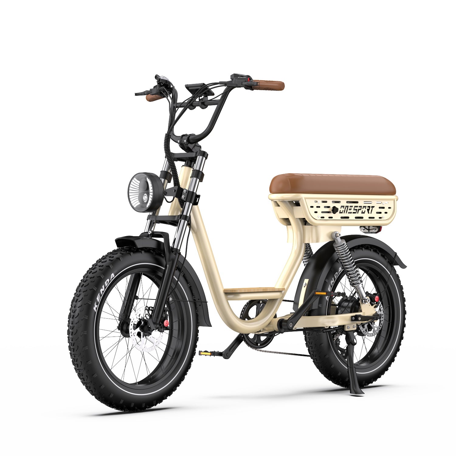 Beige Onesport W77 Electric Bike with a brown seat - Pogo Cycles