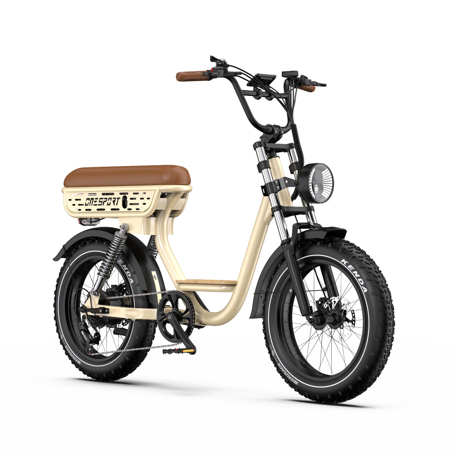 Onesport W77 Electric Bike - Beige with a brown seat on a white background