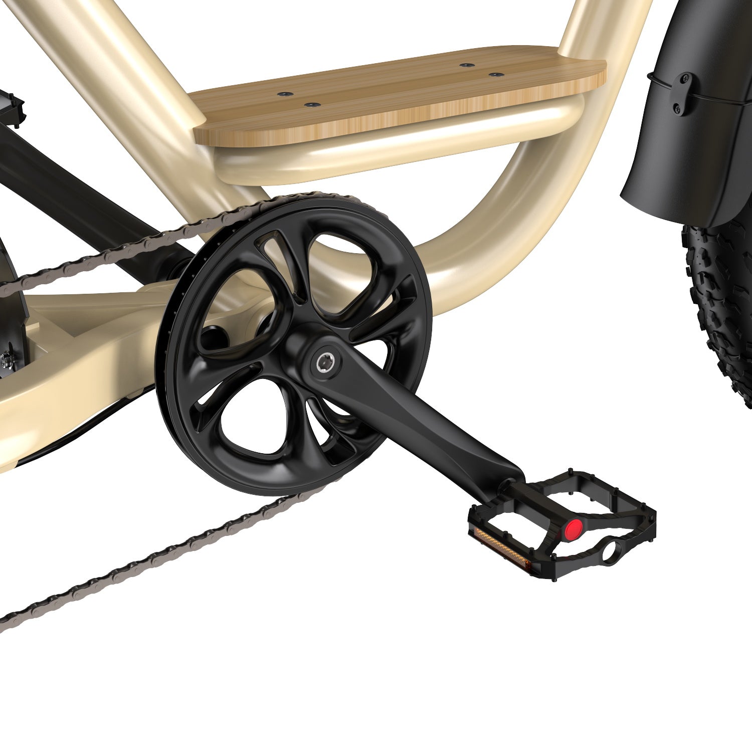 Close-up of a Onesport W77 Electric Bike chain and pedal system on a white background