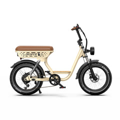 Beige Onesport W77 Electric Bike with a brown seat on a white background