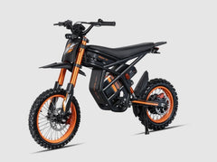 Riding Times GT54 Electric Bike in black and orange - left side front view on a light gray background