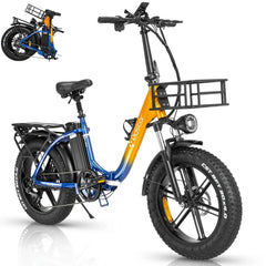 Blue and orange electric bike with a basket on a white background