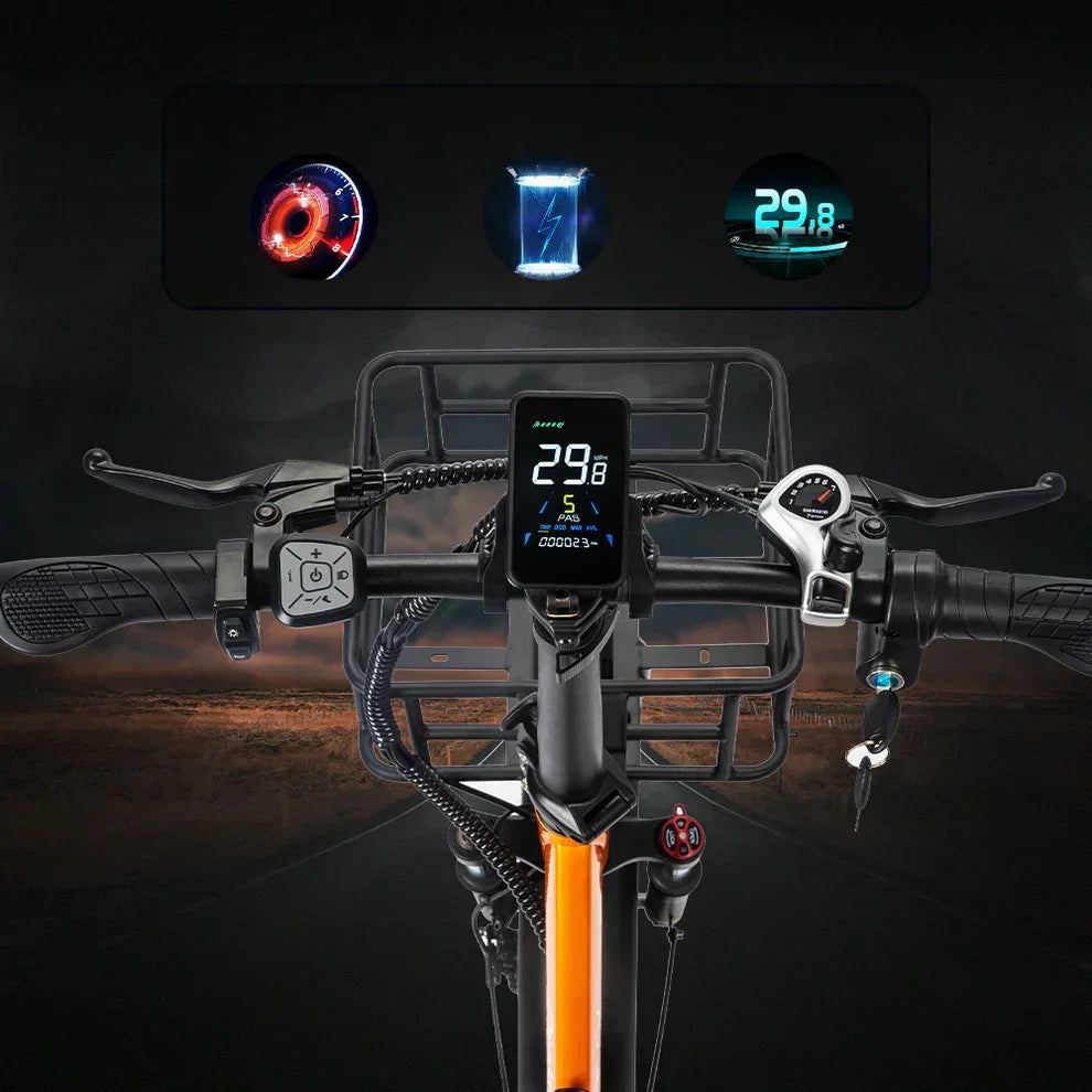 Bicycle handlebar with digital display and sensors against a dark background