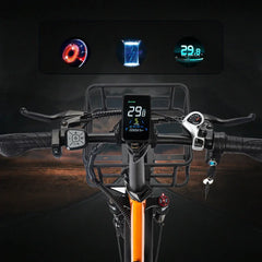 Bicycle handlebar with digital display and sensors against a dark background
