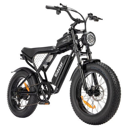 Black Ridstar Q20 Mini Electric Bike with large tires on a white background