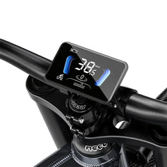 Digital display on a bicycle handlebar with Neev branding