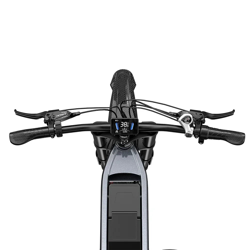 Close-up of a bicycle handlebar with digital display on a white background