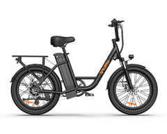 Black electric bike with orange branding on a white background