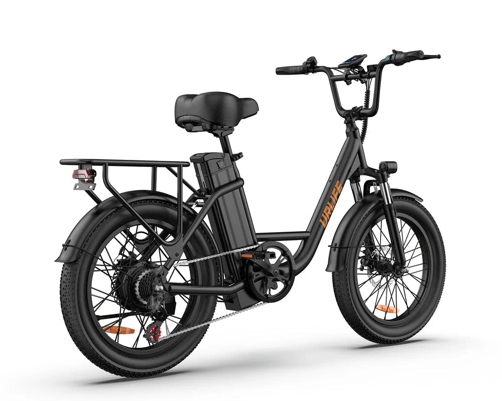 Black URLIFE E20 Step-Thru Electric Bike on a white background
