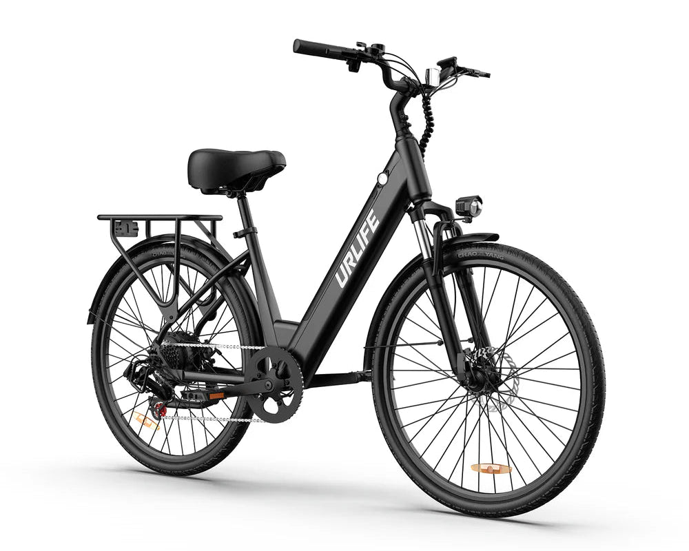 Black URLIFE E26 Step-Through Electric bicycle with URlife branding on a white background