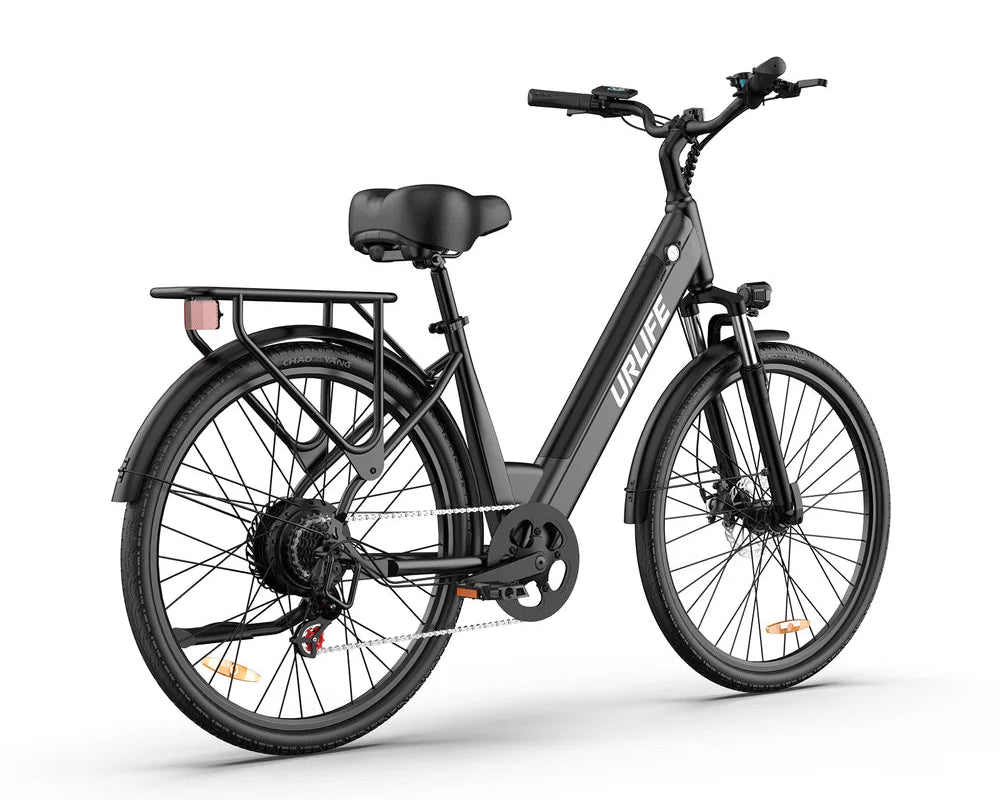 Black URLIFE E26 Step-Through Electric bicycle with URlife branding on a white background - Pogo Cycles