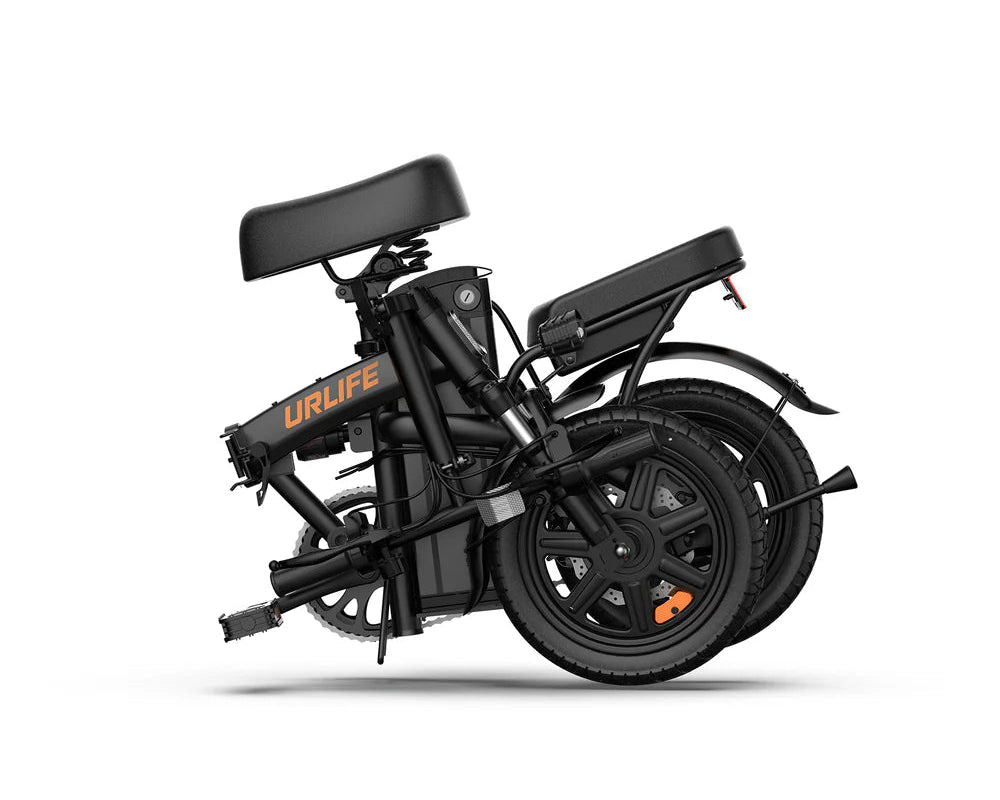Black URLIFE F1L Compact Folding Electric Motorcycle with 'UrLife' branding on a white background