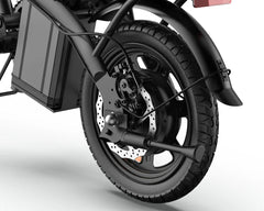 Close-up of a URLIFE F1L Compact Folding Electric motorcycle wheel with suspension on a white background
