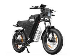 VARUN X-Plorer Raptor Electric Bike in black and white accents with a basket on a white background