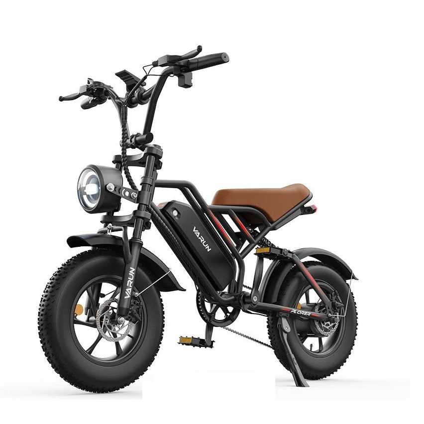 Black Varun PLORER All-Terrain Electric Bicycle with a brown seat on a white background